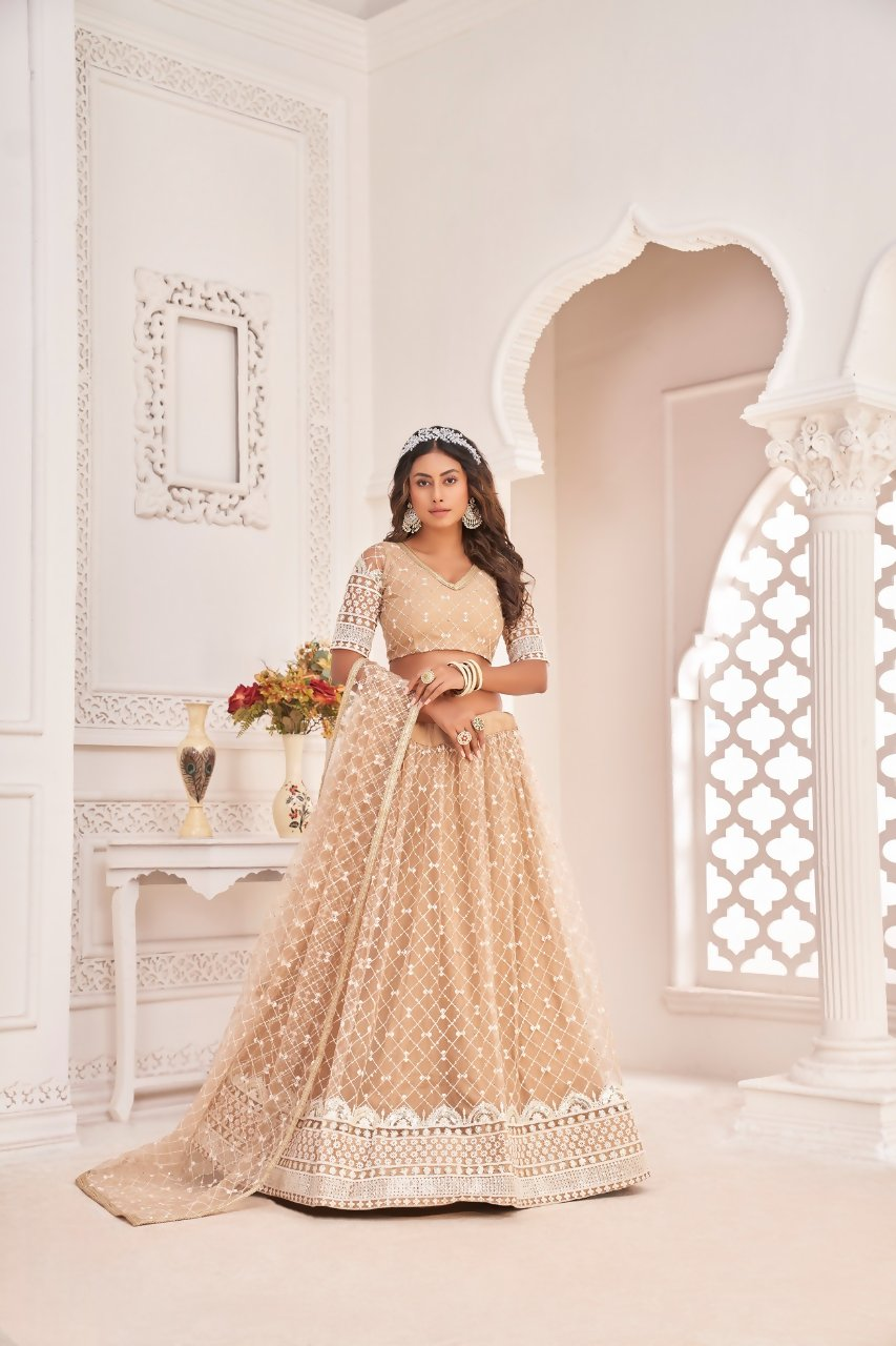 Eilara Women'S Pista Dusty Chiqu Net White Cotton Thread And Zari Sequence Embroidered Work Lehenga Choli For Party Wear