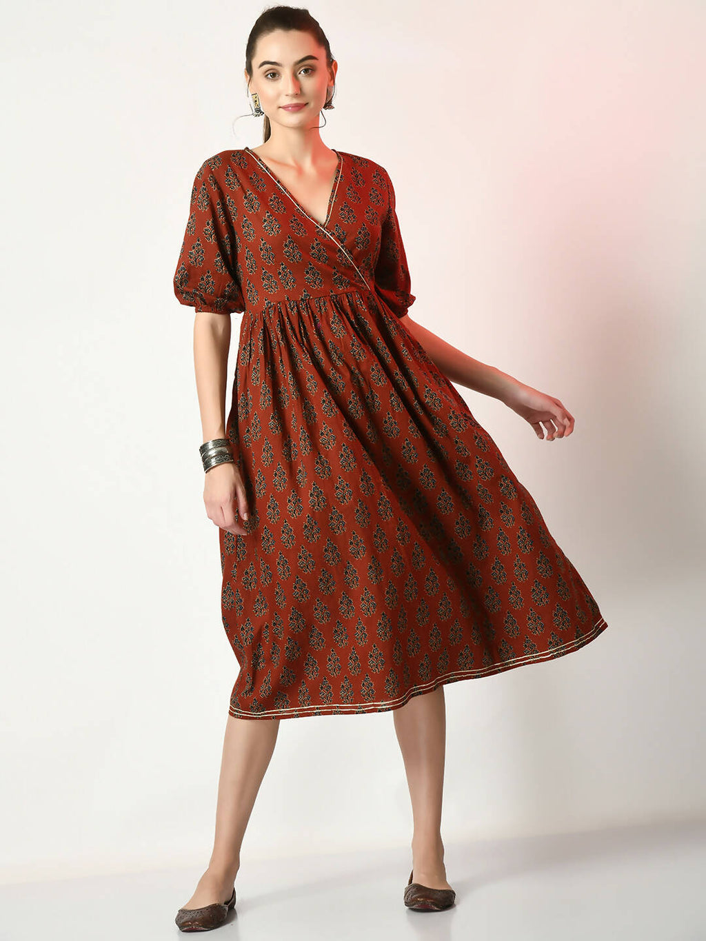 Myshka Women's Rust Empire Printed Dress - Distacart