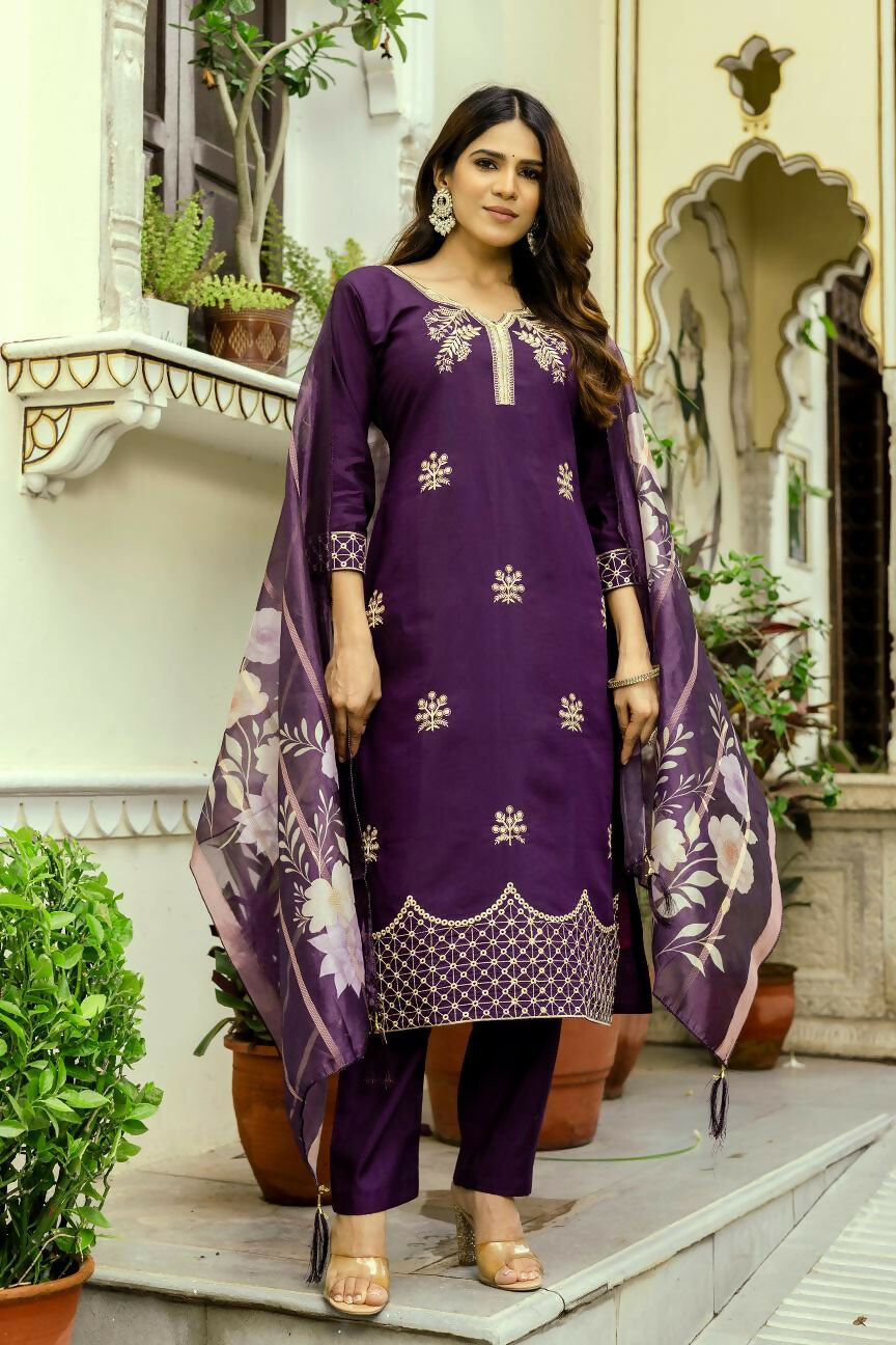 The52 Wine Women's Beautiful Viscose Chanderi Fabric Thread Work Straight Kurta Pant and Dupatta Set - Distacart