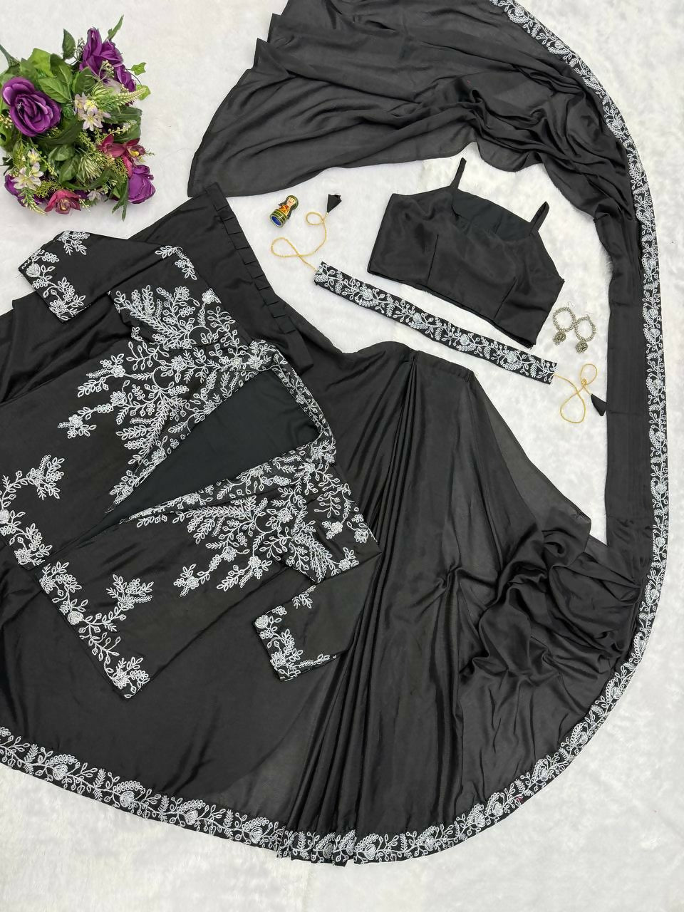 Teeya Creation Black Color Chinon Silk Wedding Wear Ready To Wear Saree With Koti - Distacart
