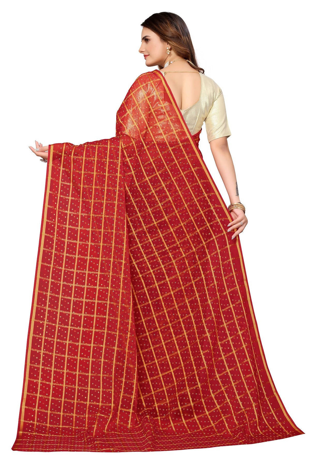 Vamika Ethnic Fire Red Jari Work Chiffon Saree - Distacart