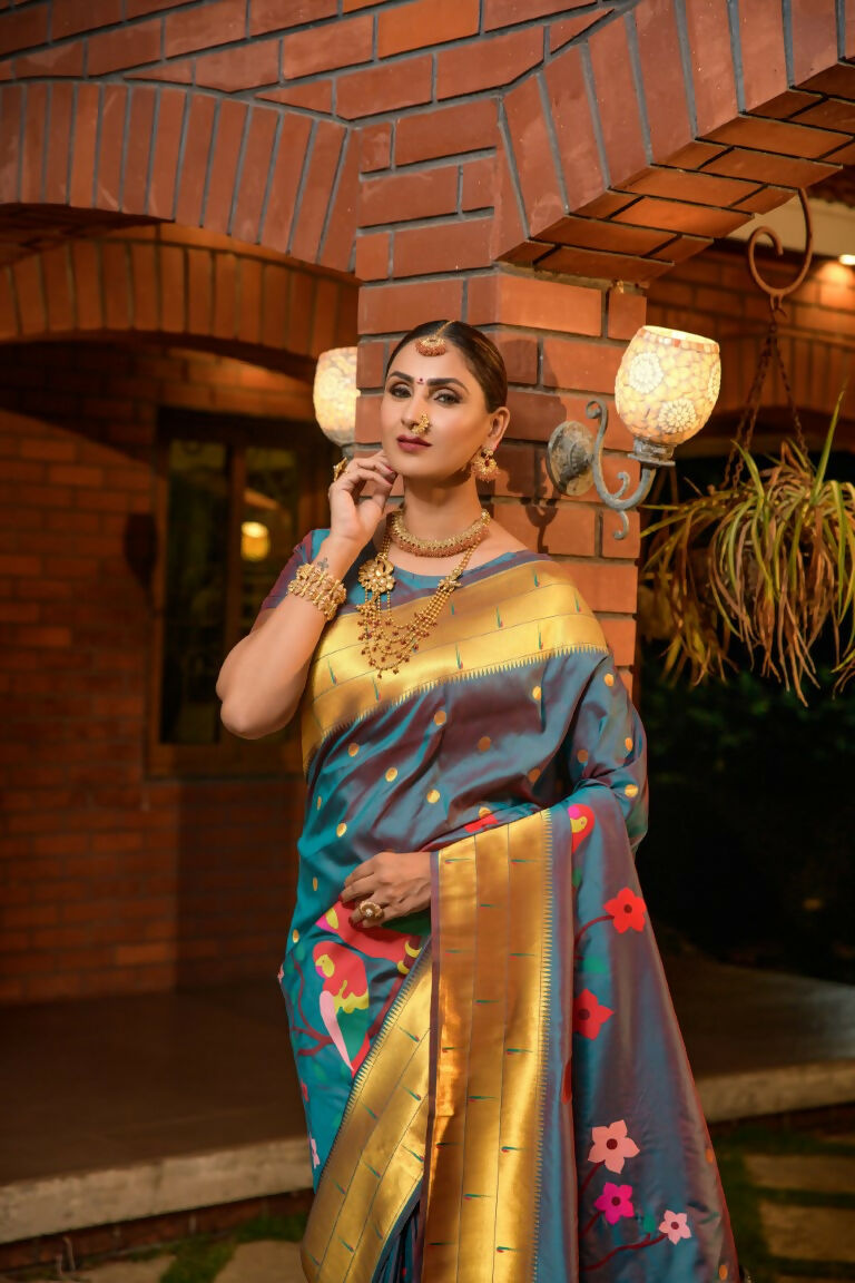 Jyoti Fashion Women's Teal Paithani Silk Zari Woven Saree with Blouse