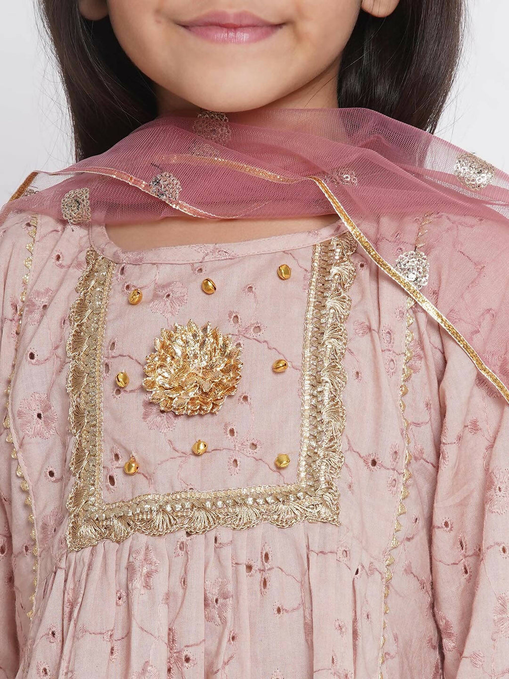 Little Bansi Floral Shiffli Kurta With Plazzo And Dupatta - Brown