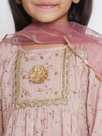Little Bansi Floral Shiffli Kurta With Plazzo And Dupatta - Brown