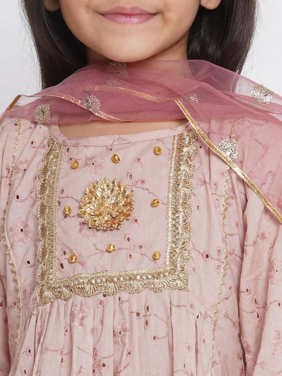 Little Bansi Floral Shiffli Kurta With Plazzo And Dupatta - Brown