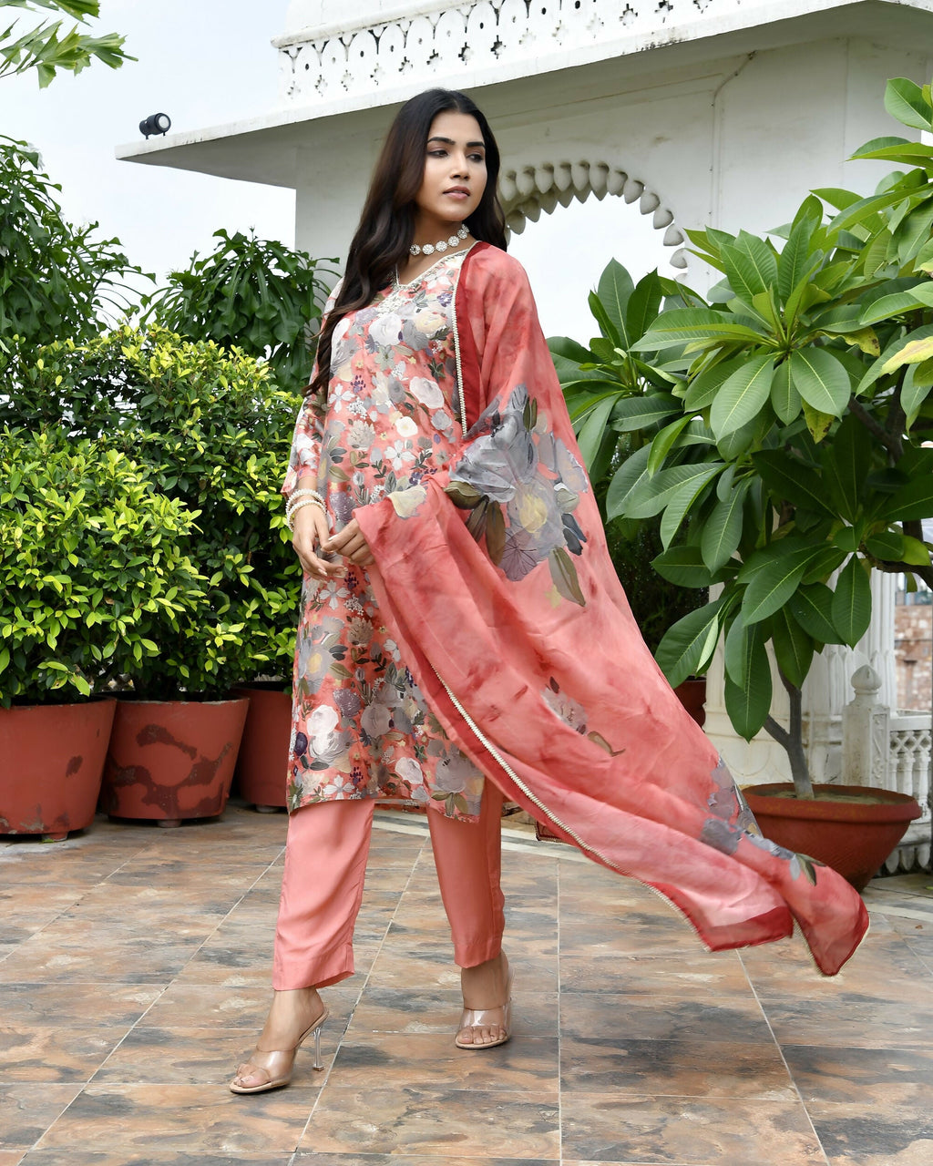 Vaasva Women's Rust Tissue Gota Embroidered Suit Set With Solid Pant And Embroidered Dupatta
