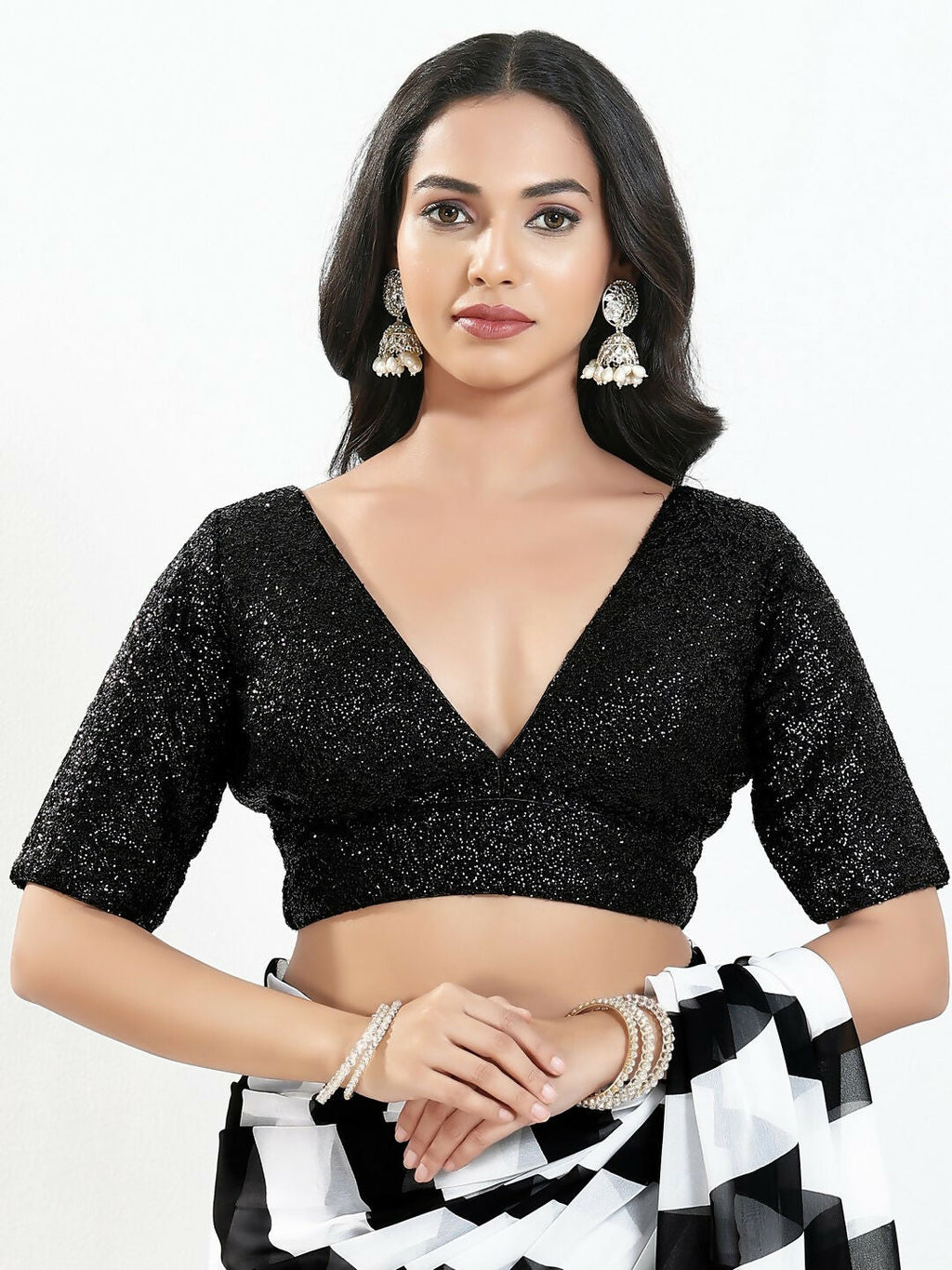 Joban Fashion Black Silk Padded Blouse With V Neck Elbow Sleeves - Distacart