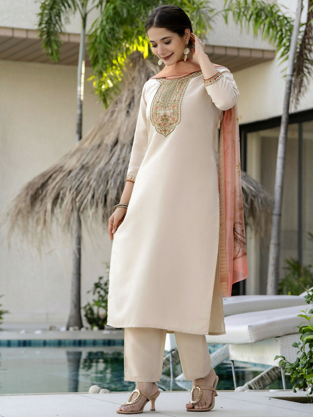 The52 Women's Beautiful Rayon Fabric Embroidery Work Straight Kurta Pant and Dupatta Set - Distacart