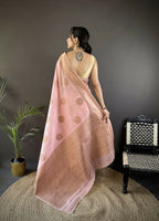 Joban Fashion Peach Floral & Paisley Linen Silk Banarasi Saree - Distacart
