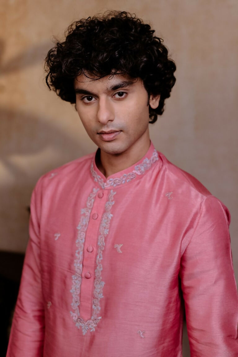 Falling Raw Silk Pink Prism Motif Kurta Set By Hilo Design