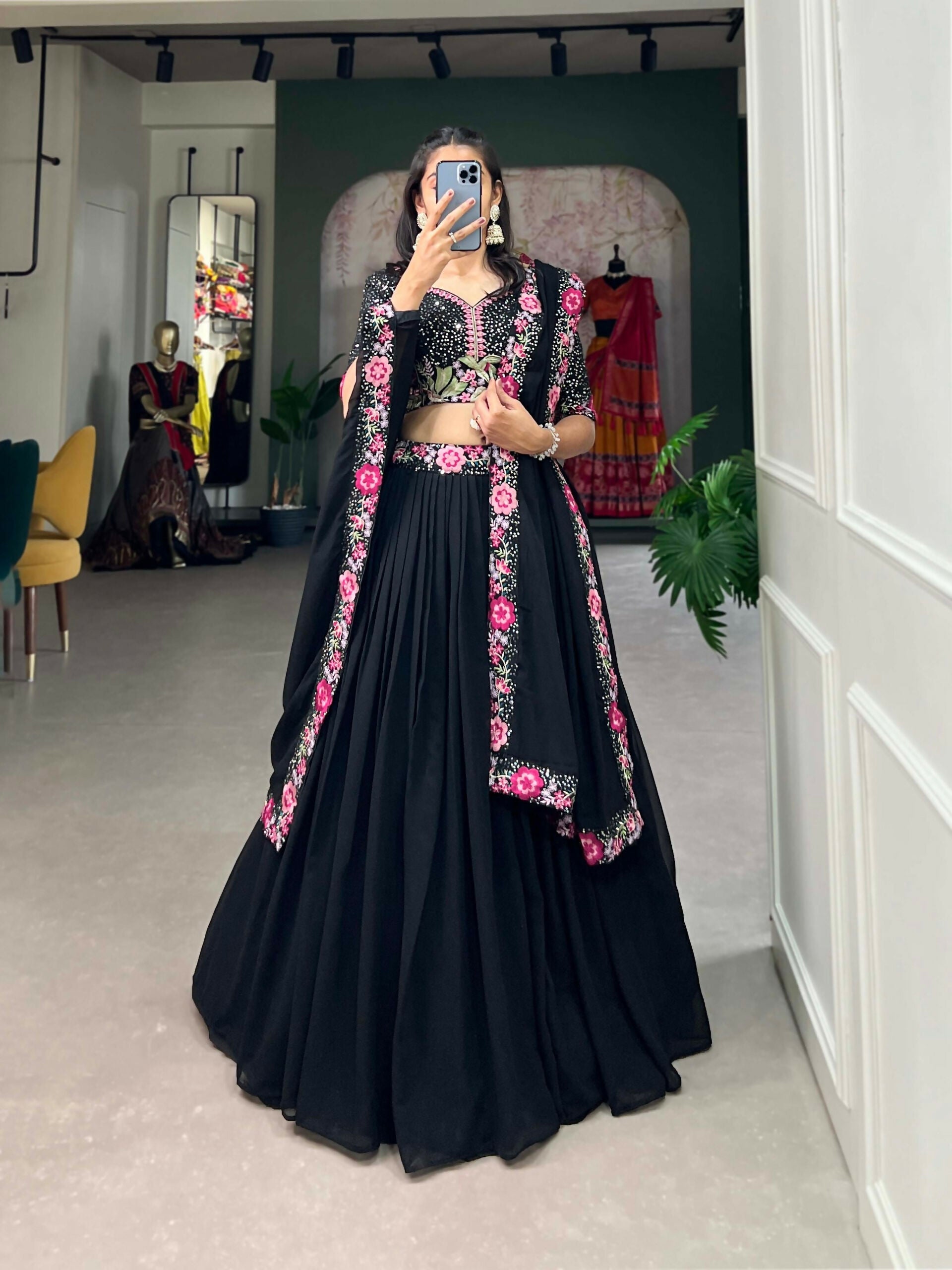 Vastranavya Party Wear Sequins And Delicate Embroidery Work Belt Lehenga Choli - Black