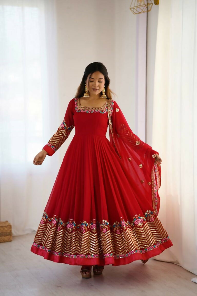 Teeya Creation Red Color Heavy Georgette Wedding Wear Embroidery Work Long Gown - Distacart
