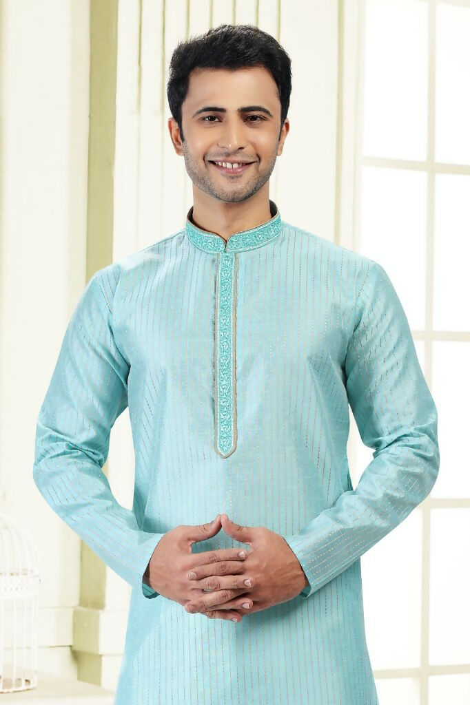 Raivat Ethnic Jacquard Art Silk Thread Work Kurta Pajama In Sky Blue Colour - Distacart