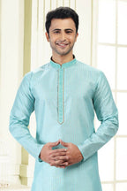 Raivat Ethnic Jacquard Art Silk Thread Work Kurta Pajama In Sky Blue Colour - Distacart