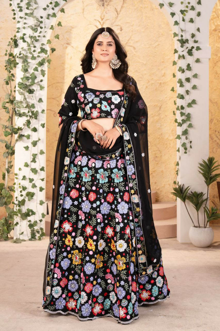 Eilara Flower Designer Black Lehenga For Reception