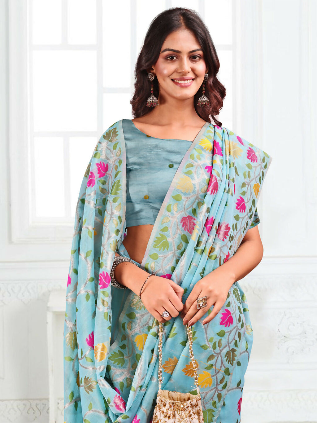 Shree Shyam Fashion Linen Cotton Sky Blue Saree - Distacart