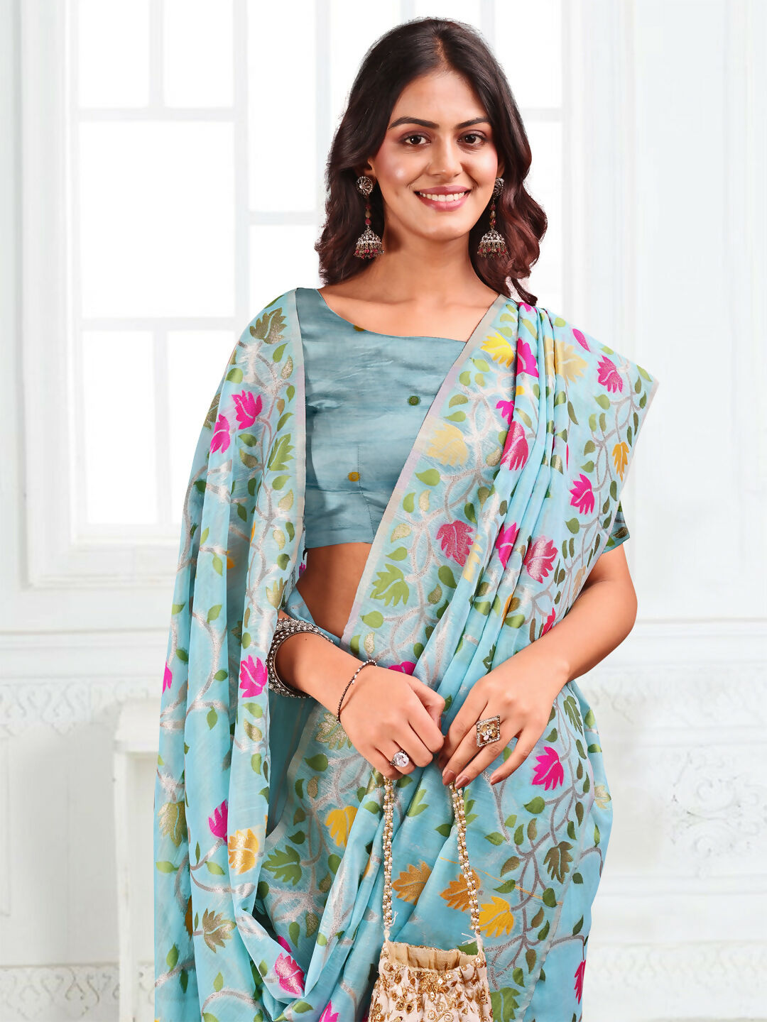 Shree Shyam Fashion Linen Cotton Sky Blue Saree - Distacart