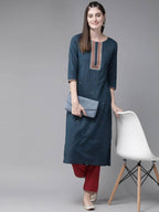 Yufta Navy Blue and Maroon Embroidered Kurta Palazzo Set