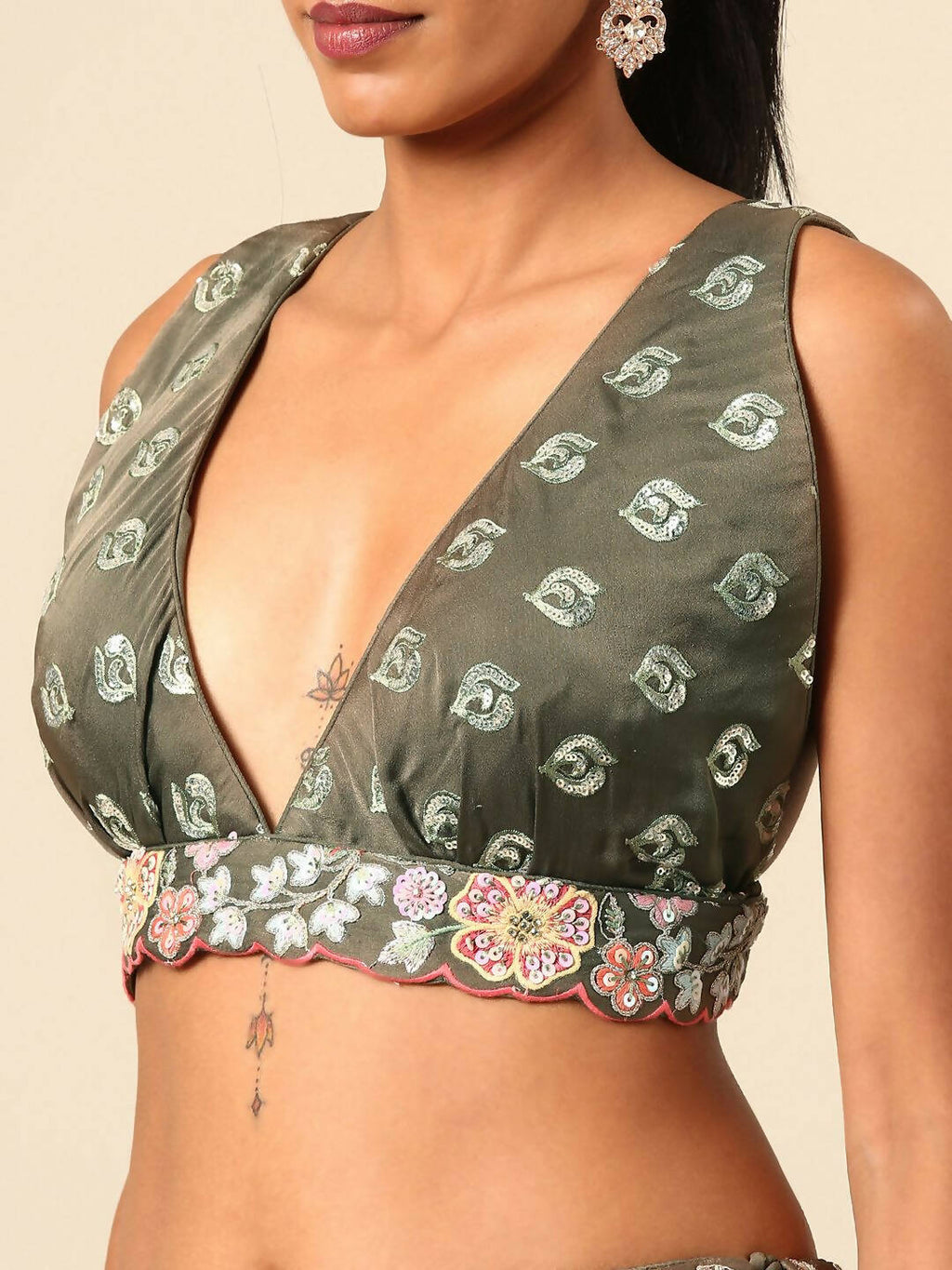 House of Panchhi Olive Chinon Sequins embroidery Lehenga choli & Dupatta