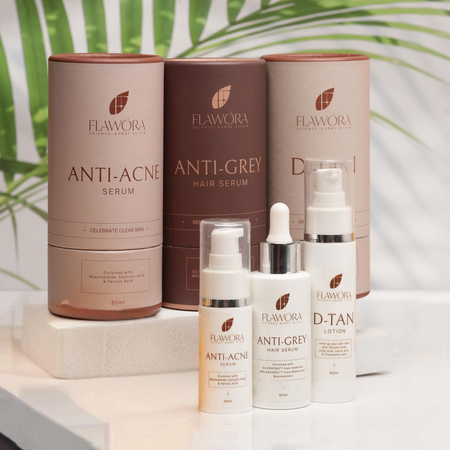 Flawora Anti-Grey Hair Serum, Anti Acne Serum and D-Tan Lotion Combo