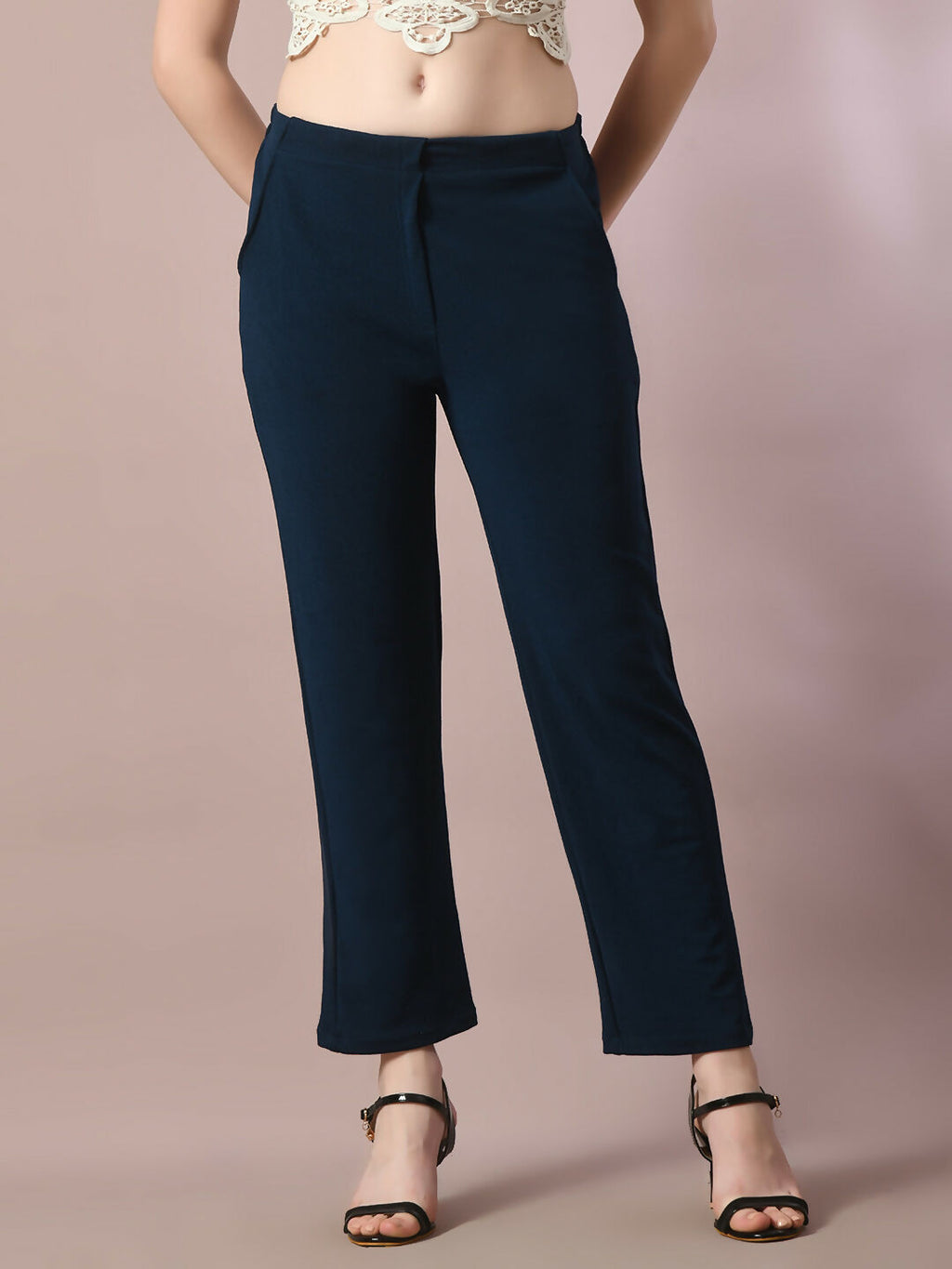 Myshka Women'sNavy Blue Solid Party straight Trousers