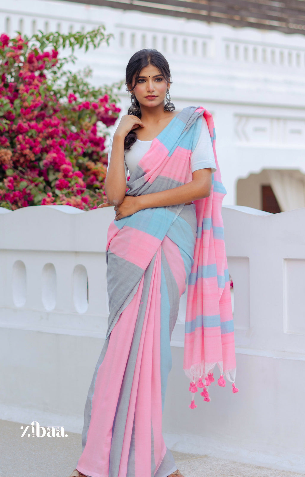 Zibaa Hand-Dyed Mul Cotton Striped Saree with Tassels - Distacart