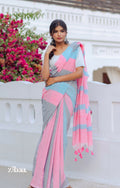 Zibaa Hand-Dyed Mul Cotton Striped Saree with Tassels - Distacart