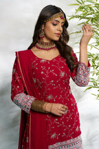 Aayaa Designer Faux Gorgette Embroidery Zari Sequins Thread work Full Flaired plazzo Suit with Dupatta - Maroon