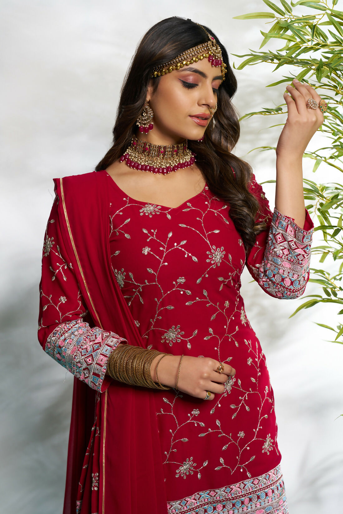 Aayaa Designer Faux Gorgette Embroidery Zari Sequins Thread work Full Flaired plazzo Suit with Dupatta - Maroon