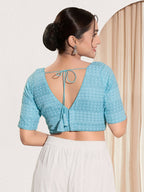 Joban Fashion Light Blue Crochet Padded Blouse With V Neck Elbow Sleeves - Distacart