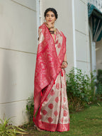 Shree Shyam Fashion Cream With Red Silk Blend Saree - Distacart