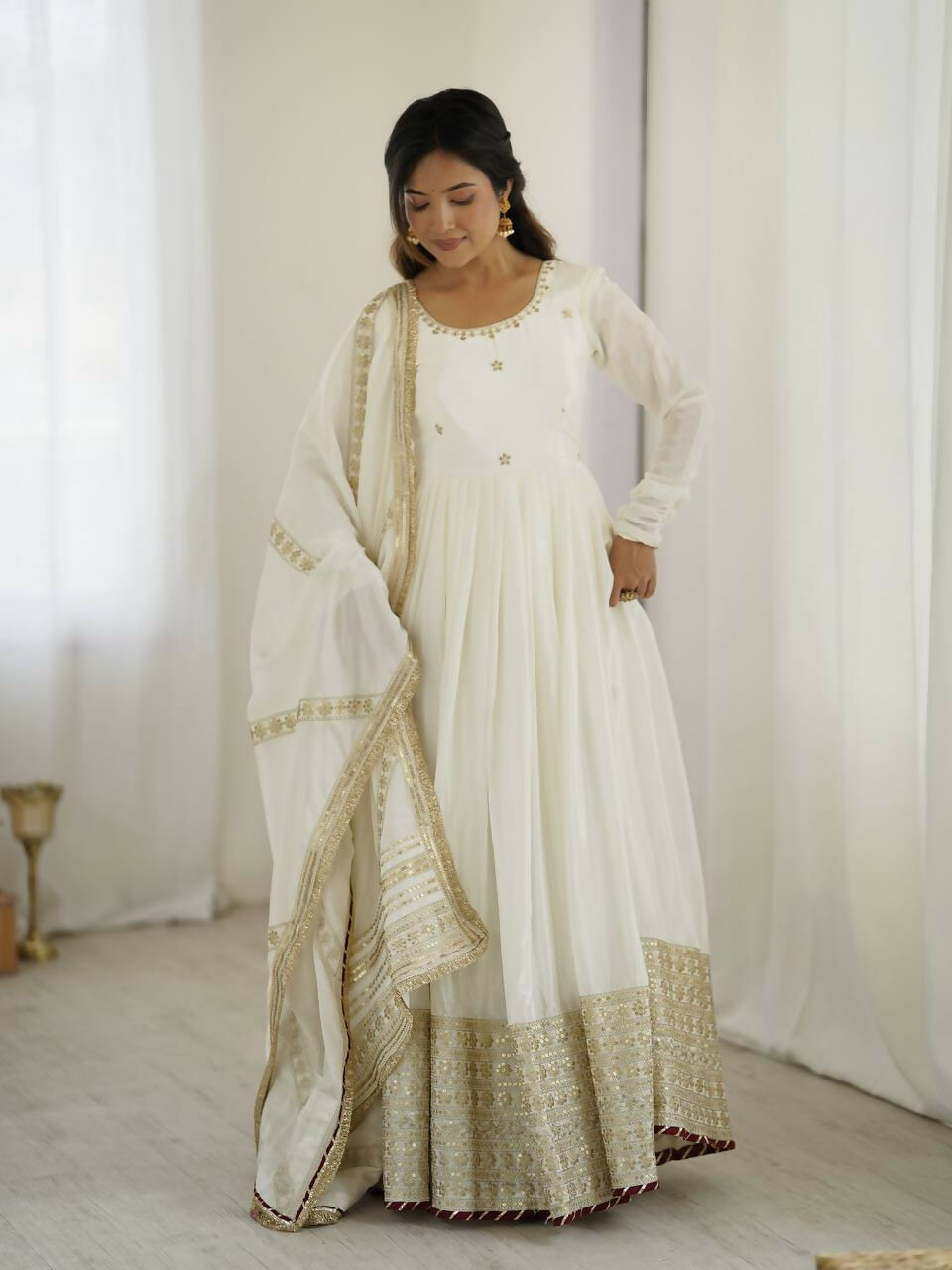 The52 Women's Gorgeous Chinon Silk Fabric Embroidery Work Flared Anarkali Pant and Dupatta Set - Distacart