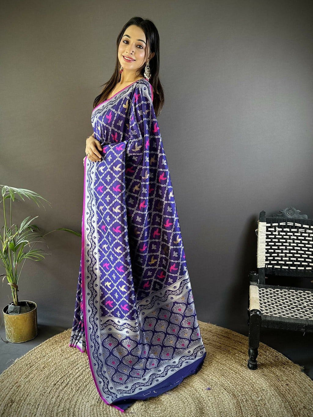 Joban Fashion Blue Jacquard Woven Pattern Lichi Soft Silk Banarasi Saree