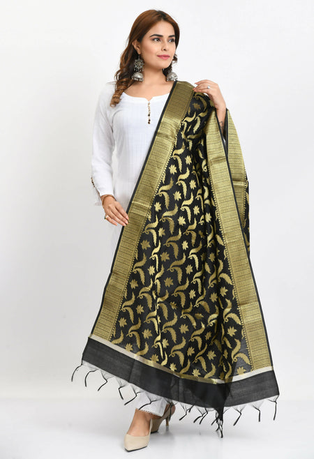 Mominos Fashion Moeza Women's Banarsi Silk Floral Woven Design Black Dupatta