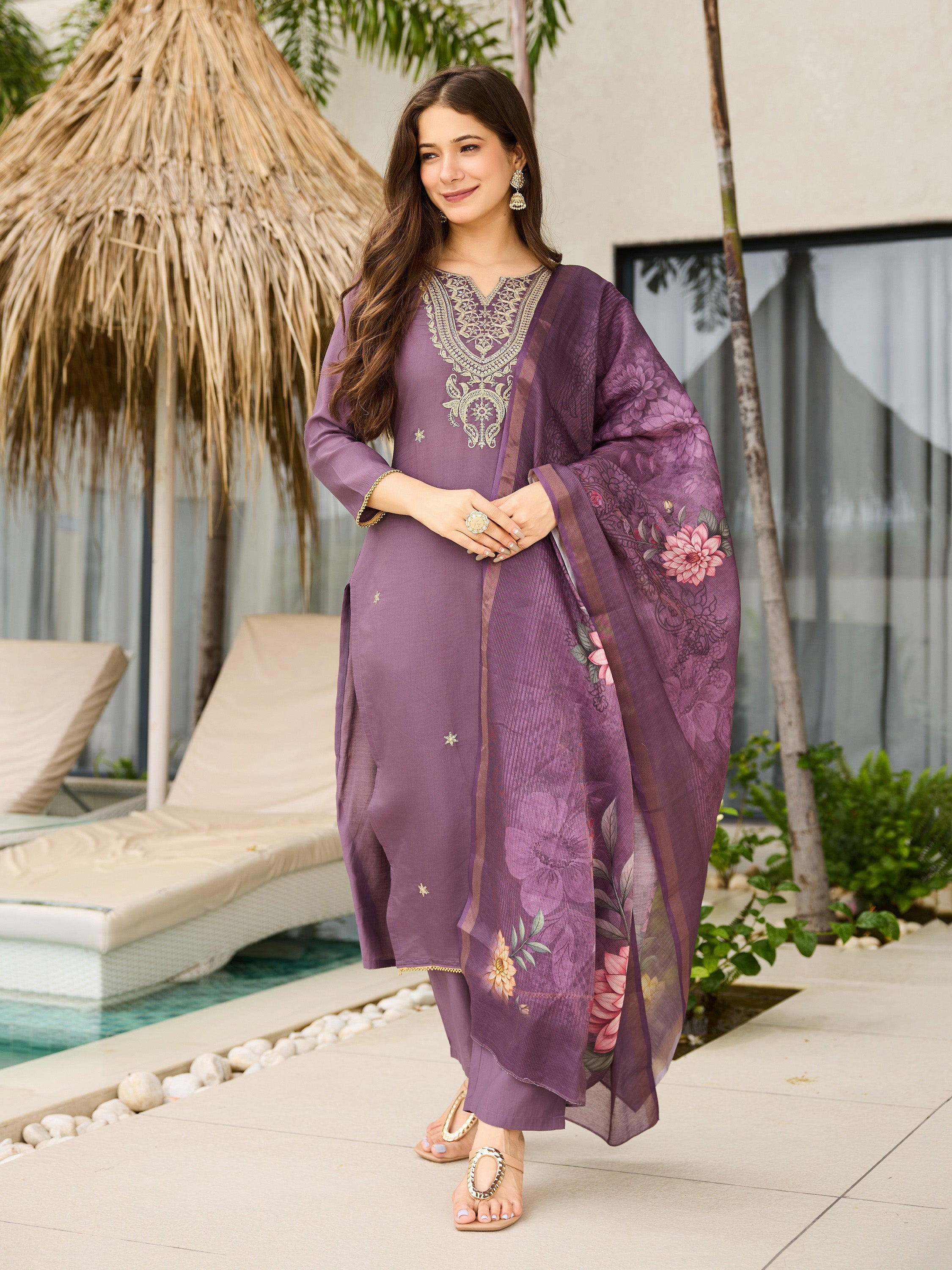 The52 Women's Gorgeous Viscose Embroidery work Straight Kurta with Pant and Dupatta Set - Distacart