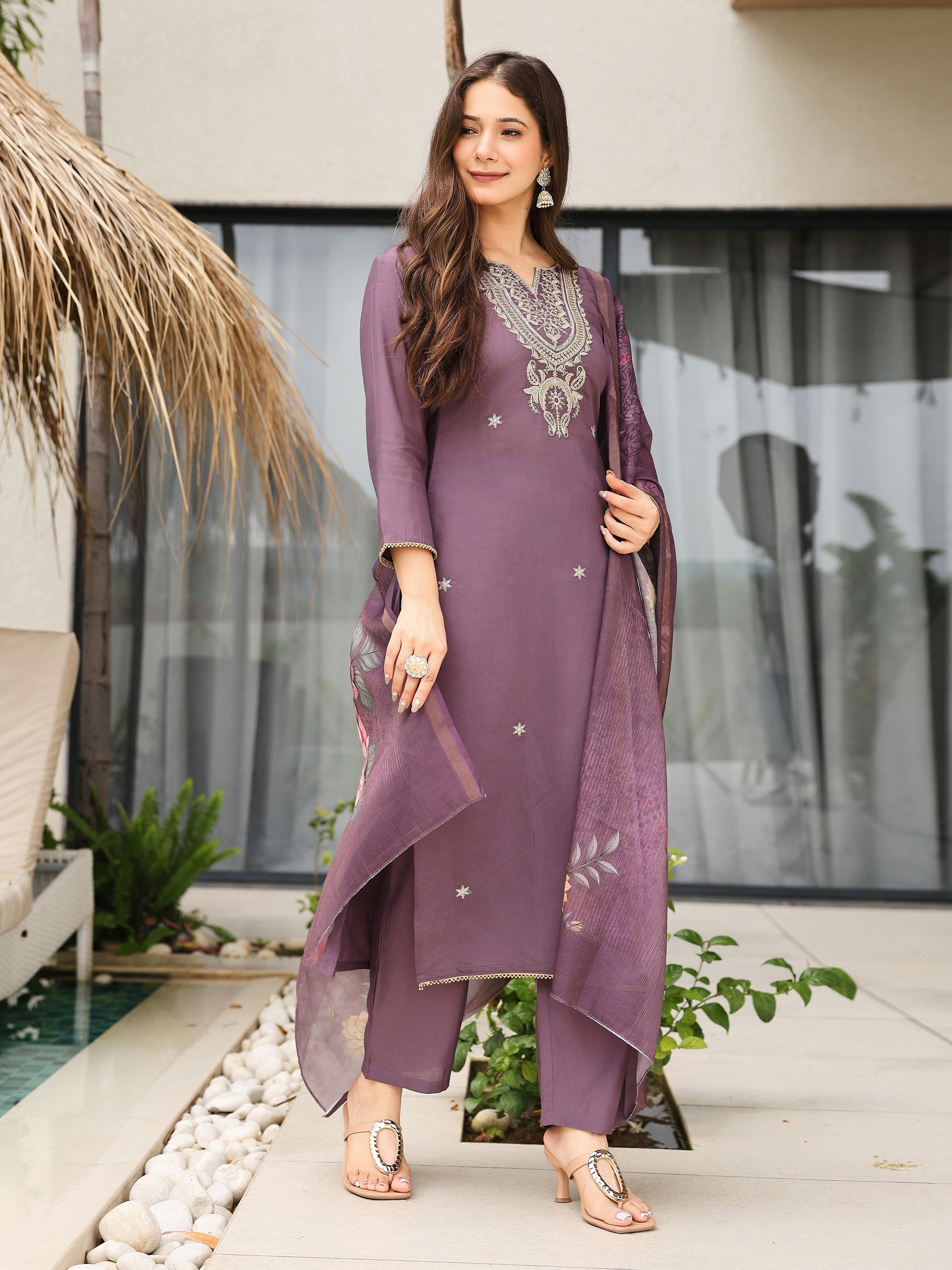 The52 Women's Gorgeous Viscose Embroidery work Straight Kurta with Pant and Dupatta Set - Distacart