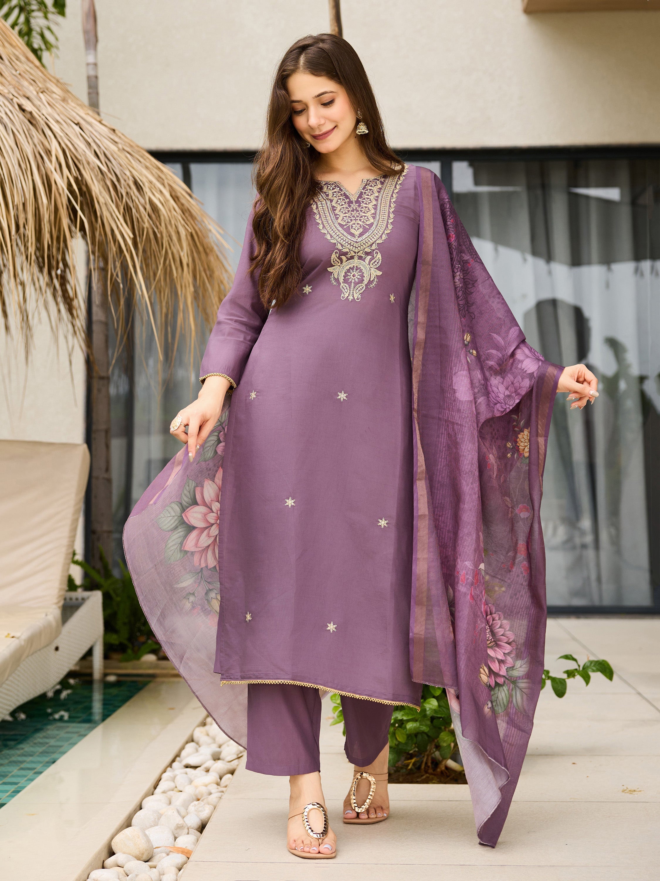 The52 Women's Gorgeous Viscose Embroidery work Straight Kurta with Pant and Dupatta Set - Distacart