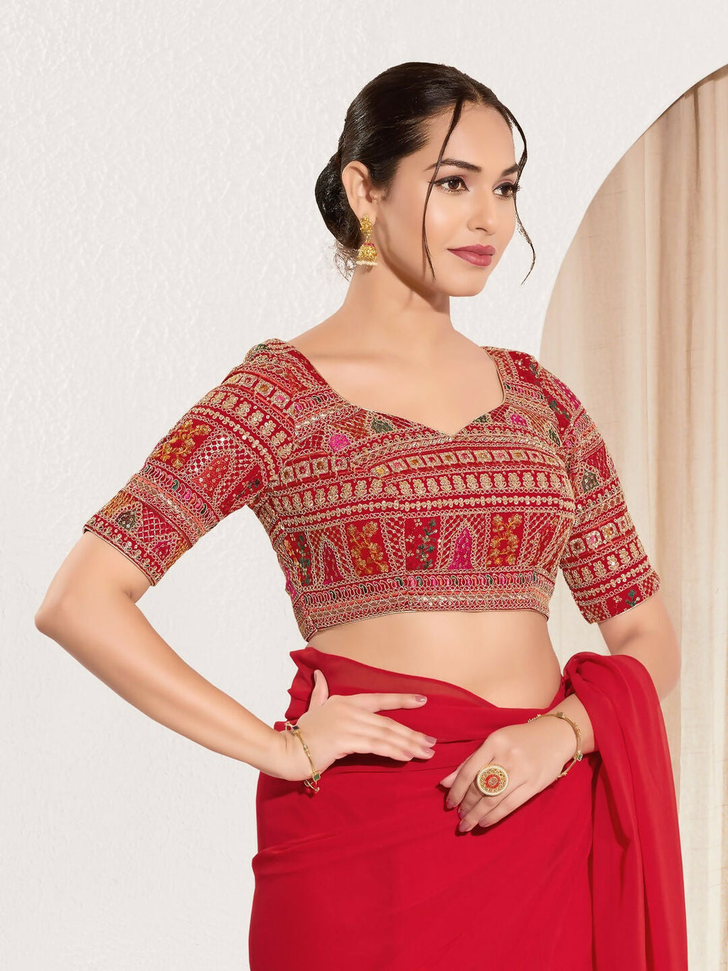 Joban Fashion Red Brocade Padded Blouse With Sweetheart Neck Elbow Sleeves - Distacart
