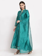 Myshka Women's Green Silk Solid Full Sleeve Mandarin Neck Casual Anarkali Gown