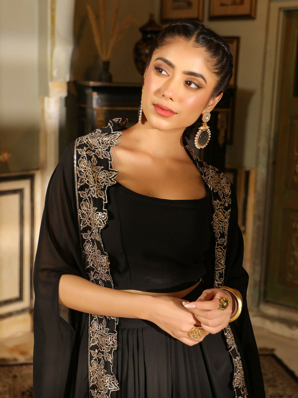 Janasya Black Georgette Solid Top Bottom Cape