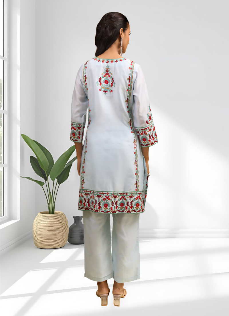 Joban Fashion Sky Blue Silk Embroidered Readymade Long Kurta With Pant - Distacart