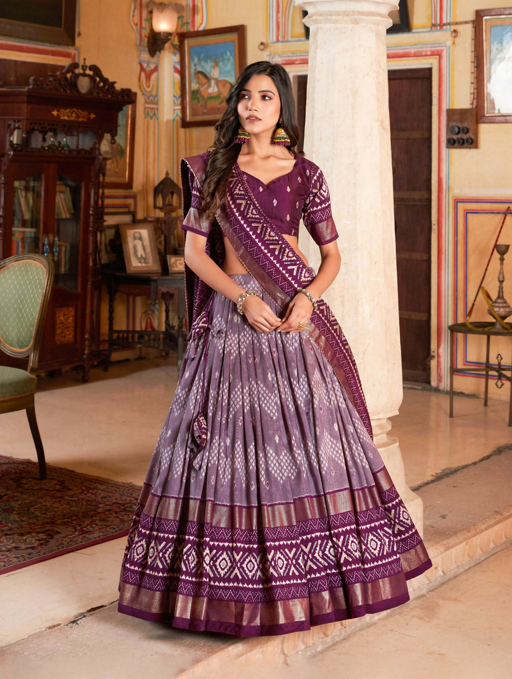 Vastranavya Occasionaly Tussar Silk Dot And Ikkat Print With Foil Work Lehenga Choli - Wine