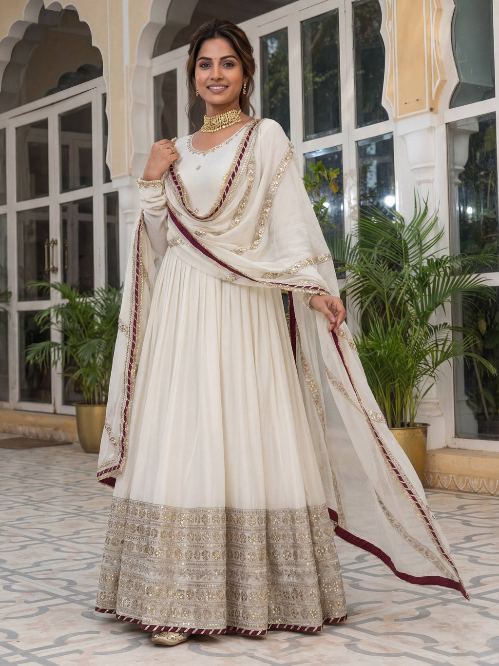 Lehenga Mart Designer Anarkali Suit Ready To Wear Kurta Pant With Dupatta For Women-White - Distacart
