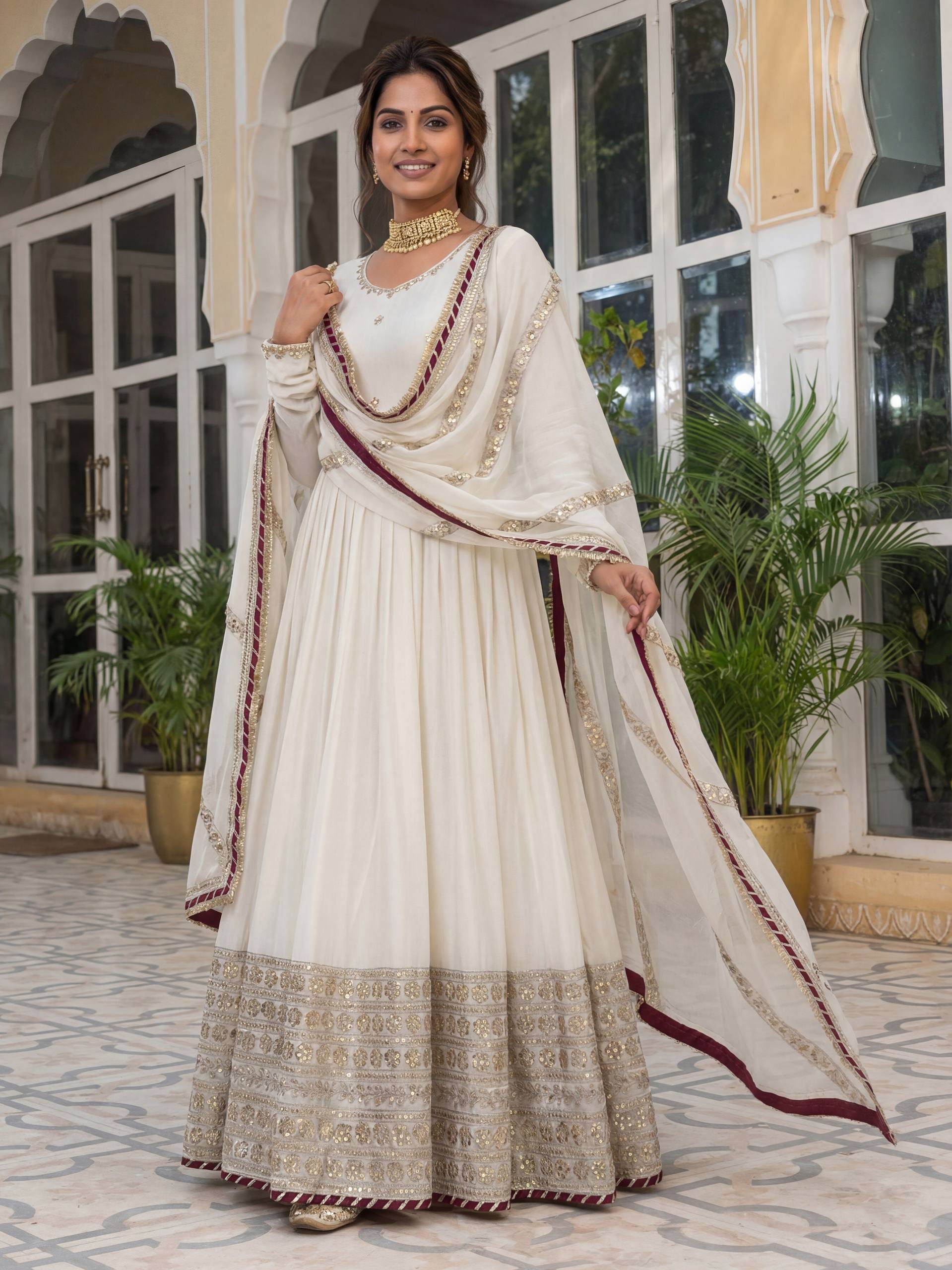 Lehenga Mart Designer Anarkali Suit Ready To Wear Kurta Pant With Dupatta For Women-White - Distacart