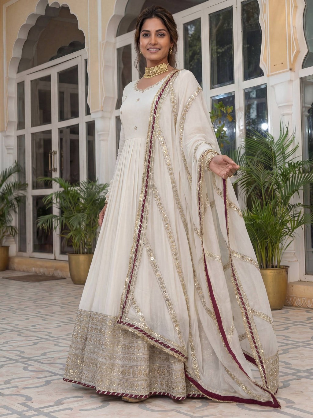 Lehenga Mart Designer Anarkali Suit Ready To Wear Kurta Pant With Dupatta For Women-White - Distacart