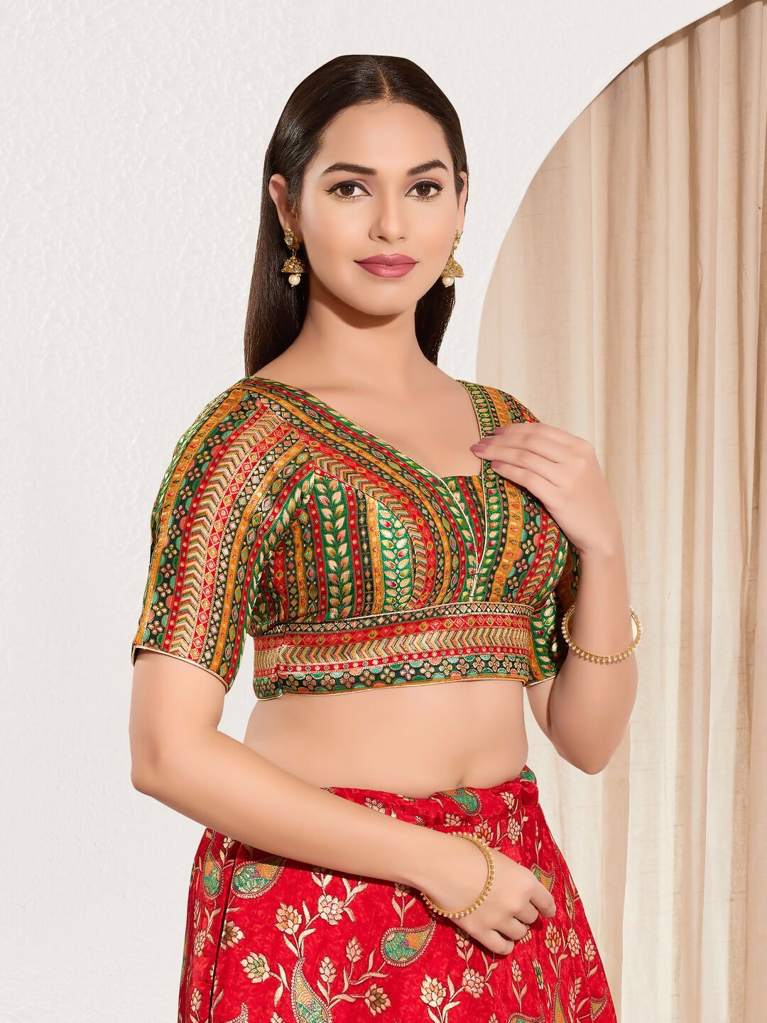 Joban Fashion Green Multi Brocade Padded Blouse With V Neck Elbow Sleeves - Distacart