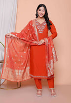 Miravan Womens Orange Embroidered Straight Kurta With Palazzo And Dupatta Set - Distacart