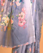 Grey Cotton Silk Floral Printed Saree With Unstitched Blouse Piece - Akshita