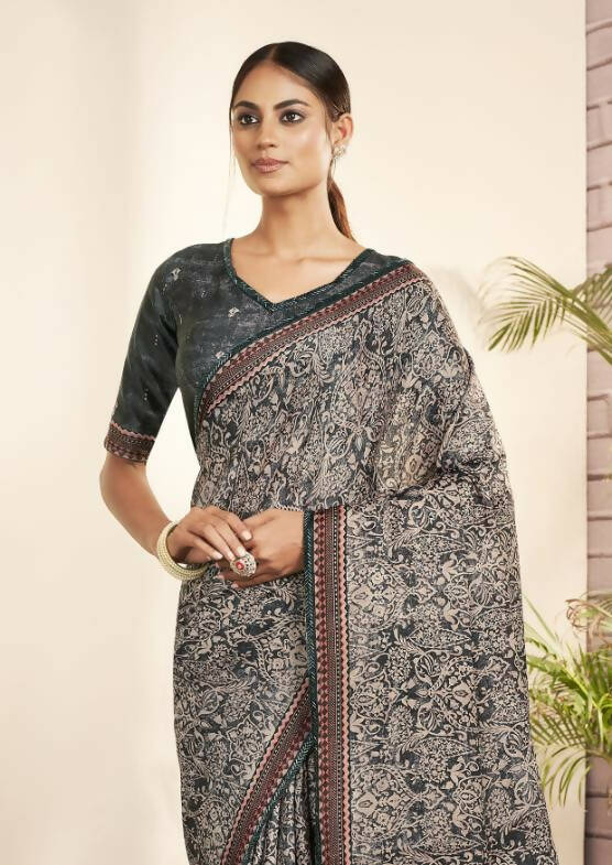 Grey Gajji Silk Paisley Print with Hand work Border Saree - Norita Nirvi