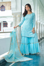 Joban Fashion Sky Blue Chinon Silk Embroidery Sequence Work Readymade Kurta Set - Distacart